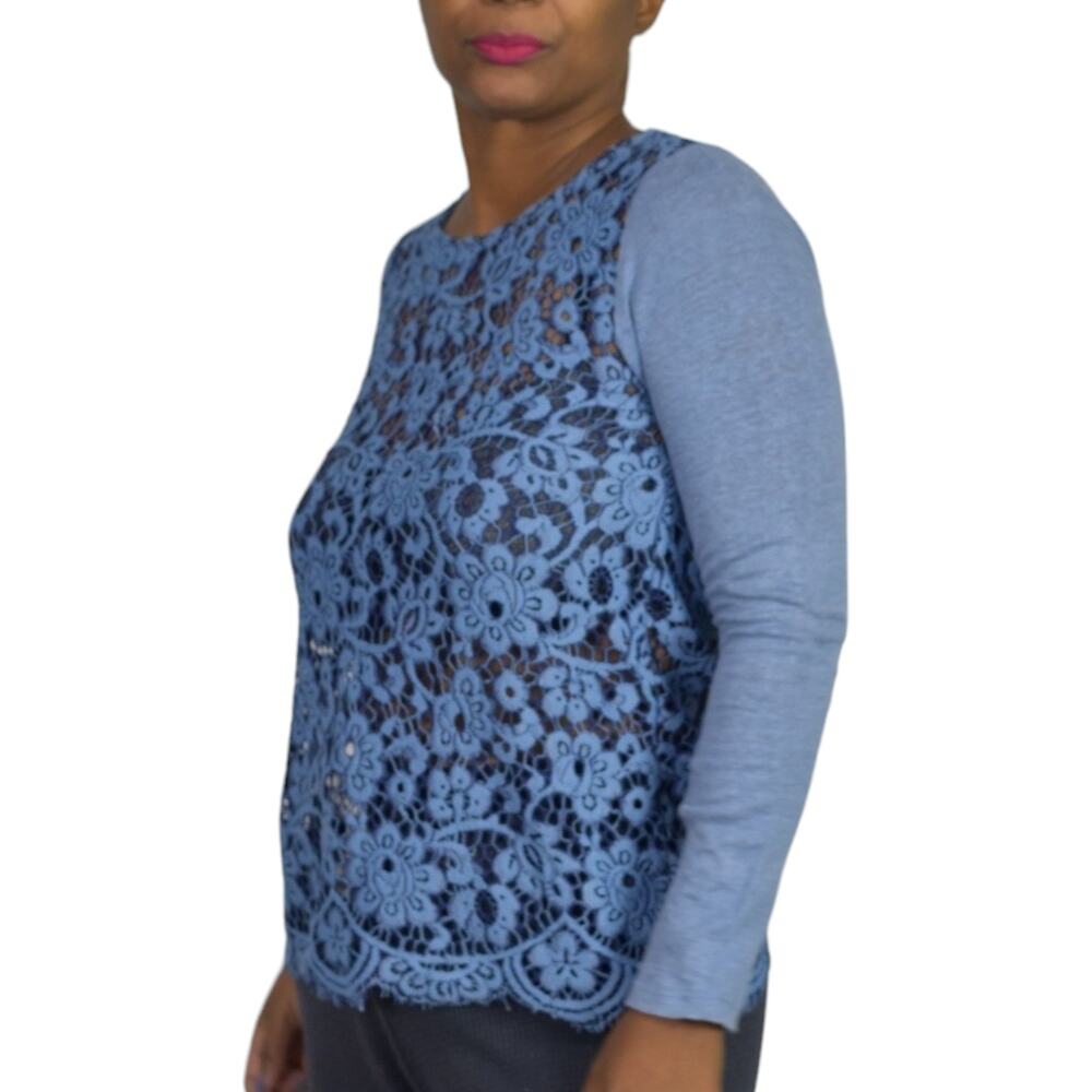 Sundance Ariadna Top Blue Lace Knit Sweater Scallop Hem Long Sleeves Size XS - Picture 3 of 14